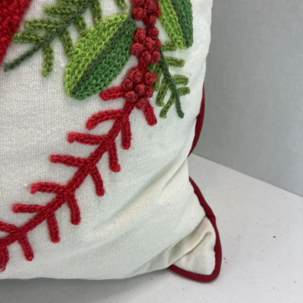 Merry Embroidered Holly Poinsettia Wreath Decorative Christmas Throw Pillow, 16